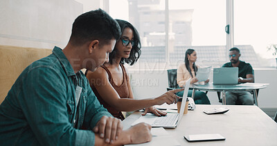 Buy stock photo Collaboration, conversation and laptop with business people in coworking office for meeting. Computer, discussion and vision with employee team in workplace together for development or planning