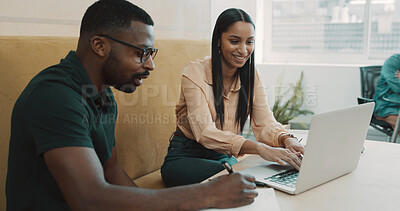 Buy stock photo Business people, laptop and teamwork in office for feedback, training and problem solving. Administration, manager and writing notes in agency for help, advice and assistance with learning software