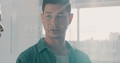 Buy stock photo Business, conversation and man in office, planning and creative agency with ideas for project. Brainstorming, people and employee in workplace, discussion and cooperation with feedback for proposal