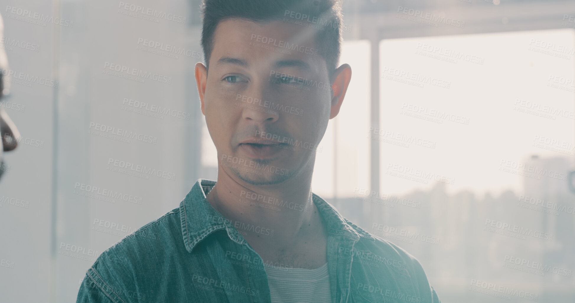 Buy stock photo Business, conversation and man in office, planning and creative agency with ideas for project. Brainstorming, people and employee in workplace, discussion and cooperation with feedback for proposal