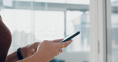 Buy stock photo Typing, phone and hands of business woman online for social media, internet news and browse website. Corporate, worker and person on smartphone for research, connection and email communication