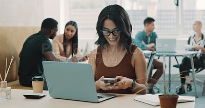 Buy stock photo Business, laptop or woman with phone in office to contact story source, online news or fast checking. Creative agency, coworking and journalist with smartphone at desk for reading article or schedule