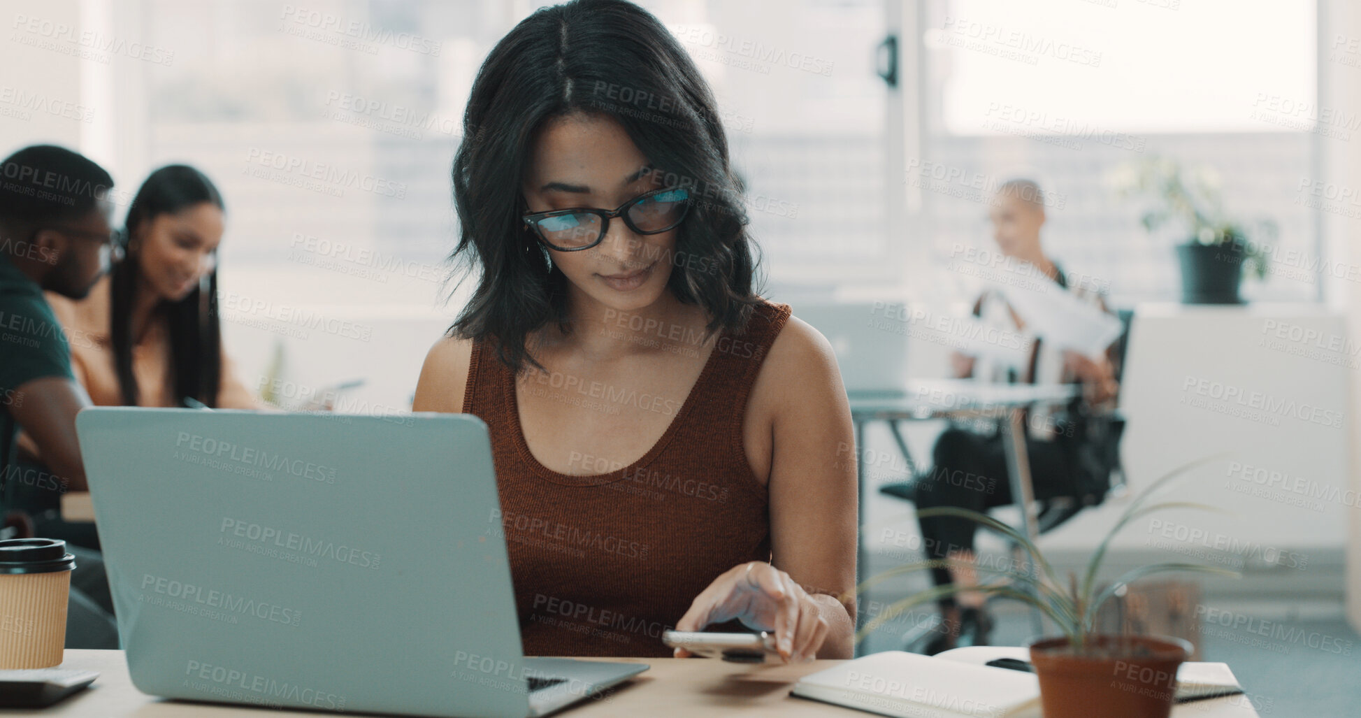 Buy stock photo Laptop, phone and reading with business woman in office for planning, social media marketing and email. Public relations agent, campaign engagement report and contact with person in creative agency
