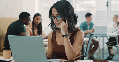 Buy stock photo Woman, laptop and remote work in cafe with review, journalism or proofreading article with thinking. Email, feedback or research ideas with female freelancer for online publication in cafeteria