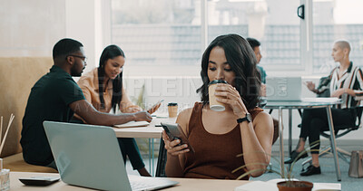 Buy stock photo Creative, woman and coffee with phone in office for article break, editor email and reading text. Media agency, coworking and journalist with tech at desk for submission schedule, networking and chat