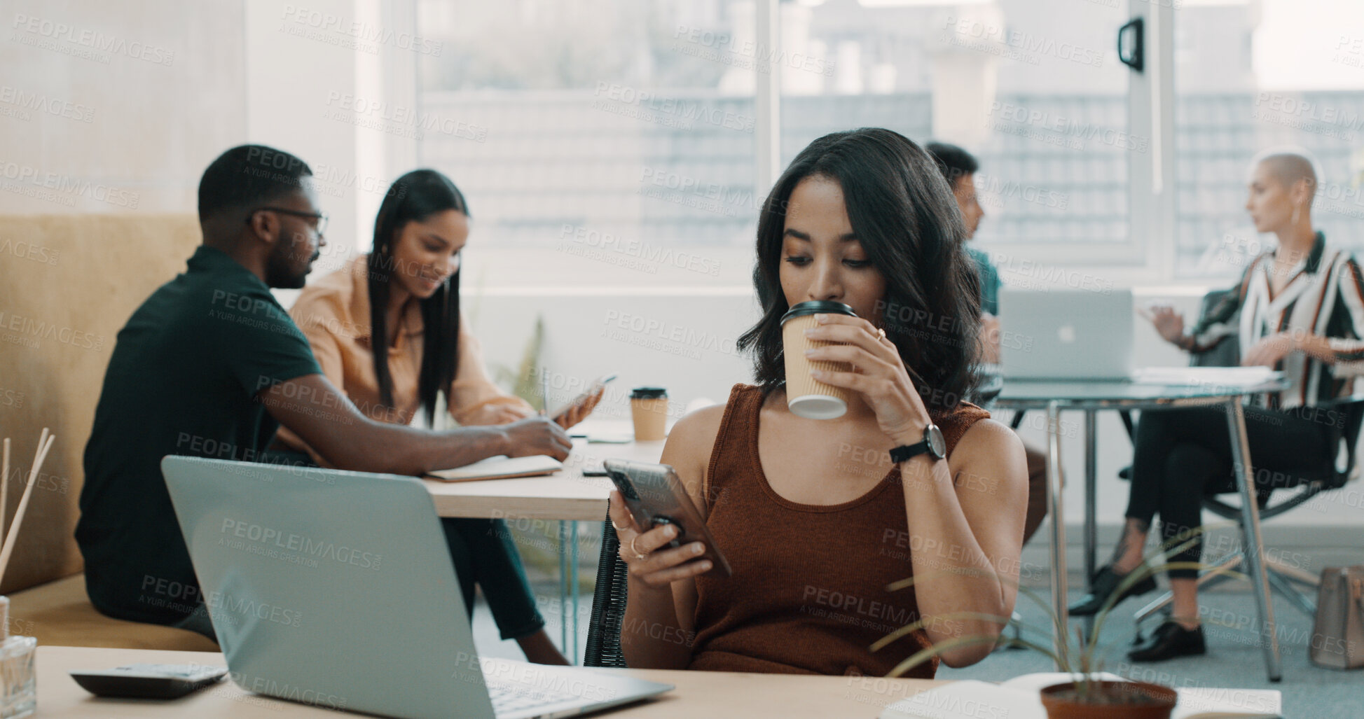Buy stock photo Creative, woman and coffee with phone in office for article break, editor email and reading text. Media agency, coworking and journalist with tech at desk for submission schedule, networking and chat