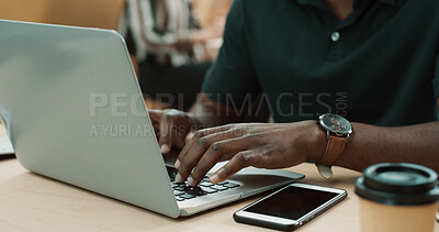 Buy stock photo Hands, person and typing on laptop in office for research, writing article and editing draft. Journalist, keyboard and pc for proofreading, report news and headline information for publication agenda