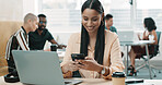 Happy, employee and woman with smartphone, office and web designer with tech for networking or chat. Mobile, message or communication with contact for project, smile and person with laptop for design