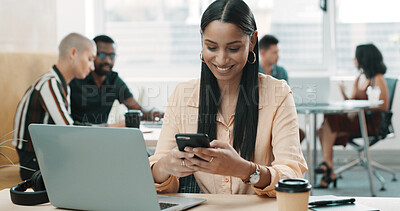 Buy stock photo Happy, employee and woman with smartphone, office and web designer with tech for networking or chat. Mobile, message or communication with contact for project, smile and person with laptop for design