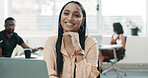 Business woman, portrait and happy in office with laptop for web design and about us in coworking space. Female employee, smile and tech for website development, growth and pride in workplace