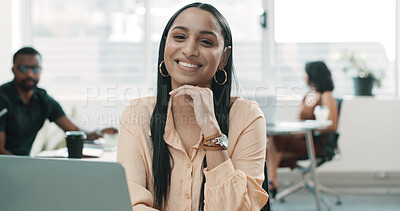 Buy stock photo Business woman, portrait and happy in office with laptop for web design and about us in coworking space. Female employee, smile and tech for website development, growth and pride in workplace