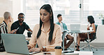 Typing, employee and woman with laptop, office and creative with email marketing, online or website. Business, copywriter and person with tech for project, planning and article on social media