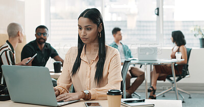 Buy stock photo Typing, employee and woman with laptop, office and creative with email marketing, online or website. Business, copywriter and person with tech for project, planning and article on social media