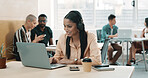 Laptop, headphones and webinar with business woman in office for onboarding program, learning and research. Video conference, streaming and online workshop with person in agency for training course