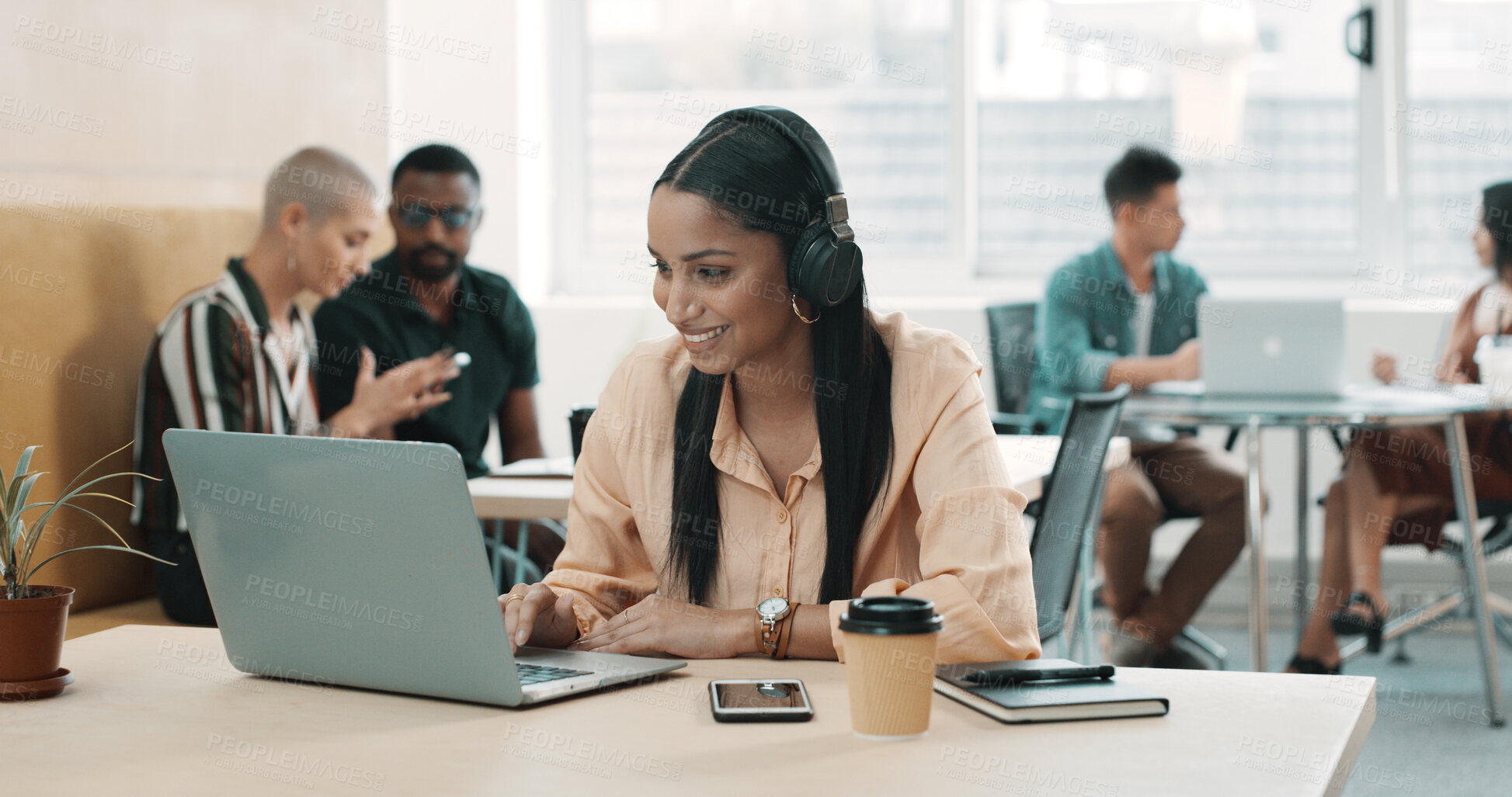 Buy stock photo Laptop, headphones and webinar with business woman in office for onboarding program, learning and research. Video conference, streaming and online workshop with person in agency for training course