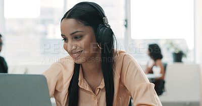 Buy stock photo Laptop, headphones and research with business woman in office for onboarding program, learning and webinar. Video conference, streaming and online workshop with person in agency for training course