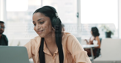 Buy stock photo Laptop, headphones and smile with business woman in office for onboarding program, learning and research. Video conference, streaming and online workshop with person in agency for training course