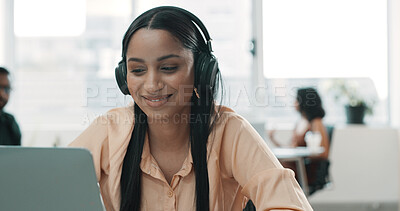 Buy stock photo Laptop, headphones and streaming with business woman in office for onboarding program, learning and research. Video conference, webinar and online workshop with person in agency for training course