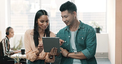 Buy stock photo Online, manager and woman with tablet, office or feedback for article draft, creative or discussion. Teamwork, man and helping intern with project, journalist and reading story on website in newsroom