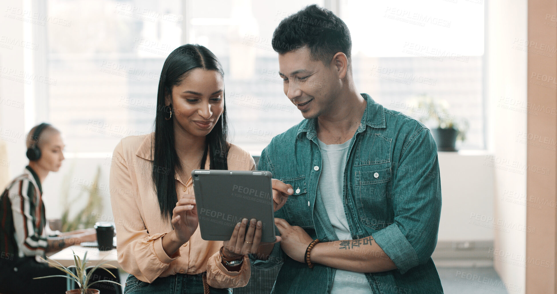Buy stock photo Online, manager and woman with tablet, office or feedback for article draft, creative or discussion. Teamwork, man and helping intern with project, journalist and reading story on website in newsroom