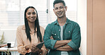 Woman, man and happy in portrait at startup with arms crossed, team and pride for career at company. People, partnership and editor with confidence, smile or collaboration for job at creative agency