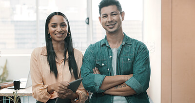 Buy stock photo Woman, man and happy in portrait at startup with arms crossed, team and pride at media company. People, partnership and editor with confidence, smile and collaboration for job at creative agency