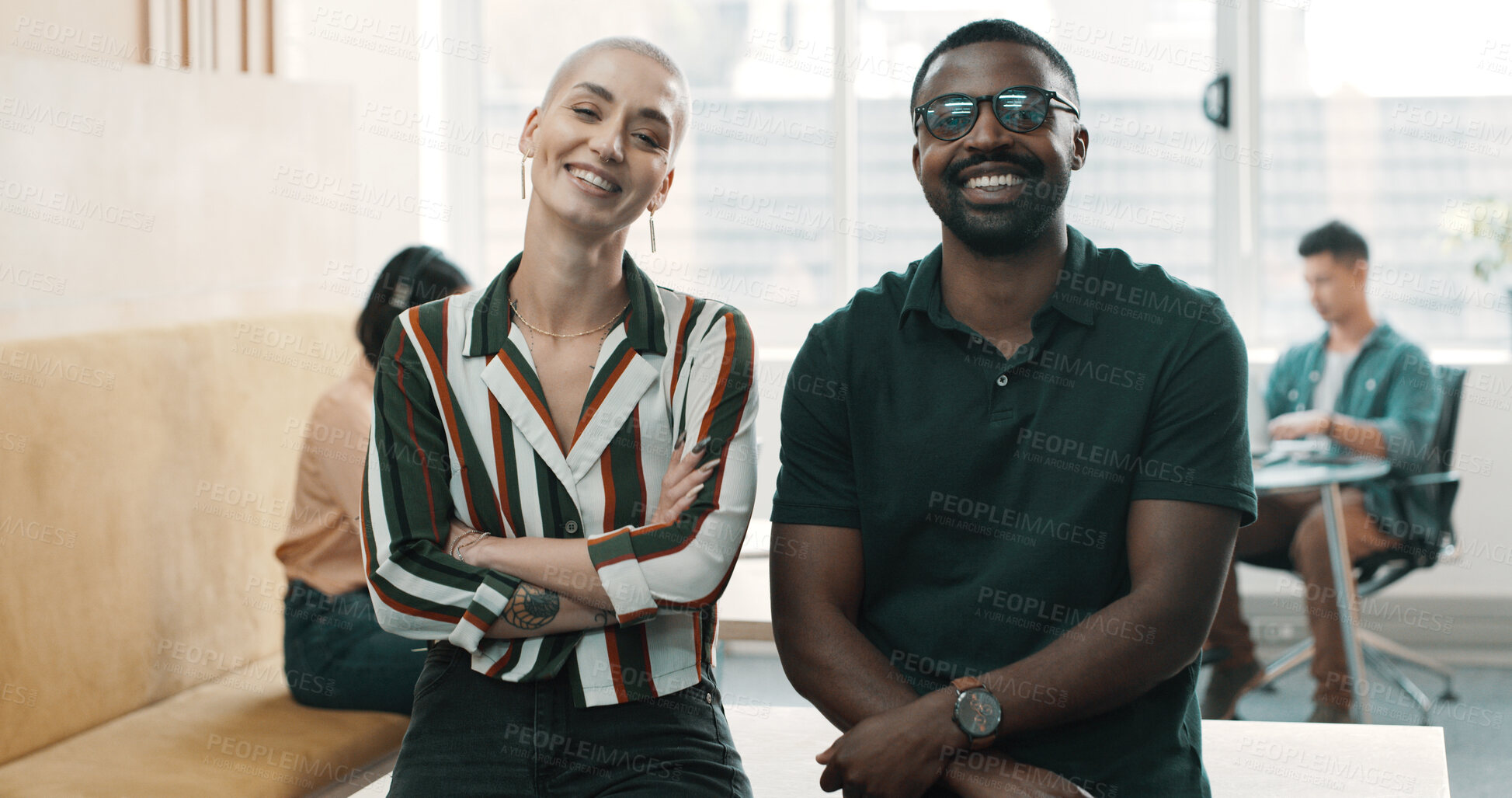 Buy stock photo Woman, man and smile in portrait at office with arms crossed, team and pride for career at startup. People, partner and happy with confidence, coworking and collaboration with job at creative agency