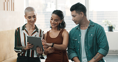 Buy stock photo Creative, team and people with tablet in meeting for social media marketing, ad campaign and planning. Happy employees, collaboration and check online engagement for brand awareness at office