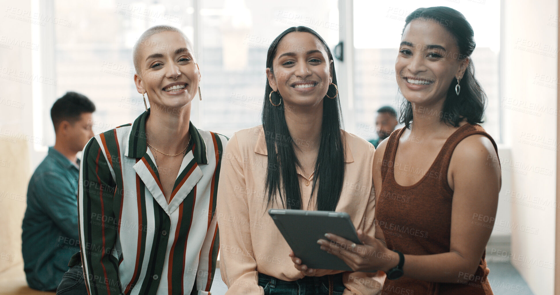 Buy stock photo Team, creative and women with tablet in portrait for social media marketing, ad campaign or planning. Employees, collaboration and happy for online engagement for brand awareness in meeting at office