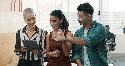 Buy stock photo Team, creative business people and tablet at office for social media marketing, ad campaign or planning. Employees, discussion and collaboration with online engagement for brand awareness in meeting