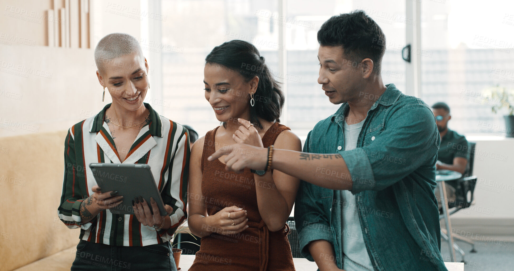 Buy stock photo Team, creative business people and tablet at office for social media marketing, ad campaign or planning. Employees, discussion and collaboration with online engagement for brand awareness in meeting
