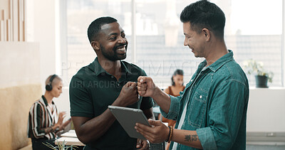 Buy stock photo Business, fist bump and men in office, tablet and cooperation with graphic designer. People, creative agency and hand gesture in workplace, support and email with funding approval and 