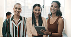 Team, smile and portrait of business women with tablet for about us, diversity and collaboration. Partnership, digital report and professional with group of people in creative agency for support