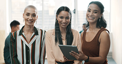 Buy stock photo Team, smile and portrait of business women with tablet for about us, diversity and collaboration. Partnership, digital report and professional with group of people in creative agency for support