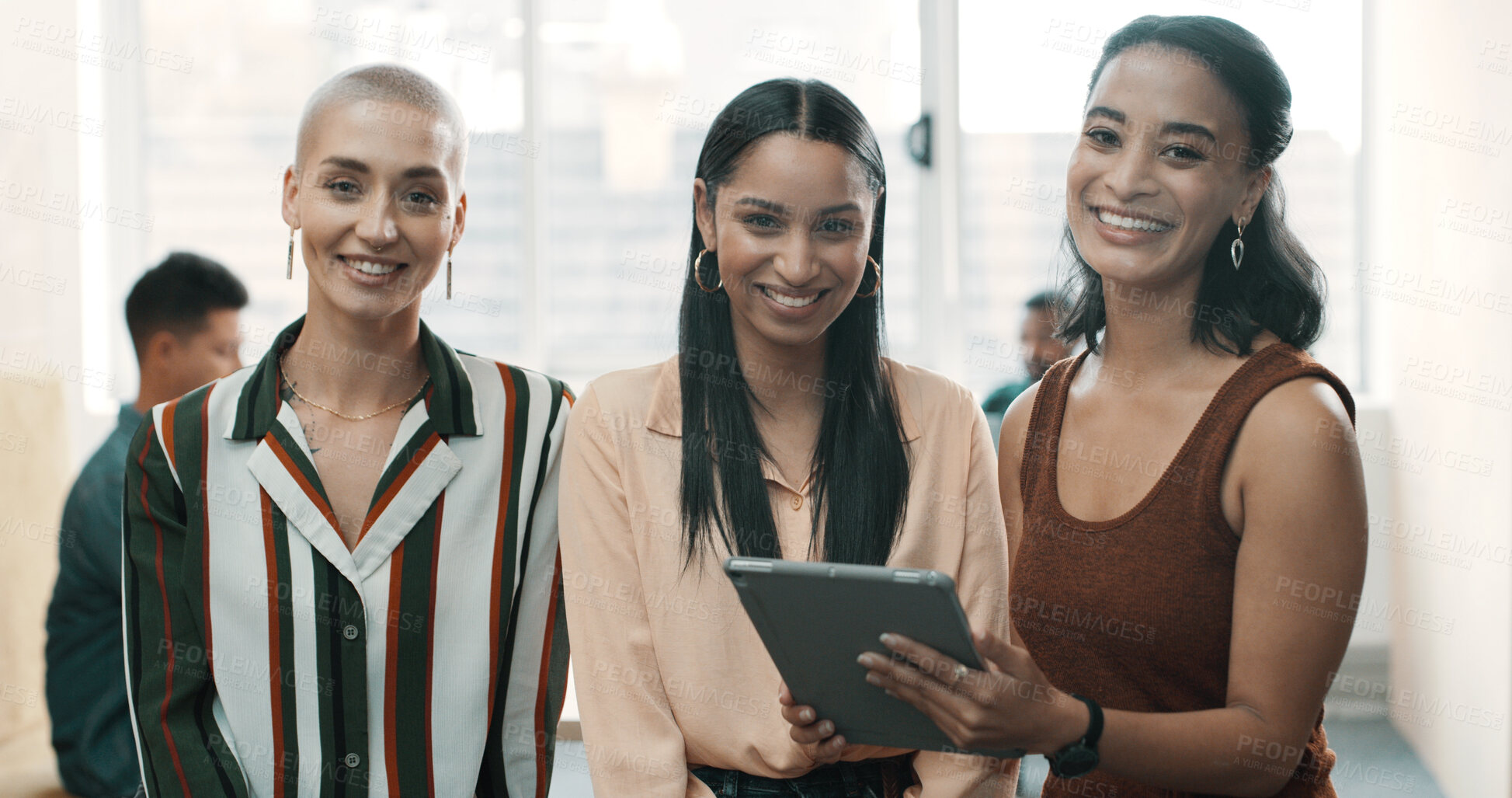 Buy stock photo Team, smile and portrait of business women with tablet for about us, diversity and collaboration. Partnership, digital report and professional with group of people in creative agency for support