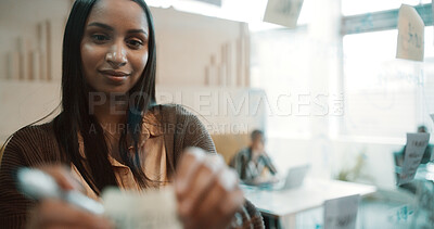 Buy stock photo Business woman, sticky note and glass wall for brainstorming, planning and strategy idea in office. Creative owner, entrepreneur and mood board for goals, project management or proposal report