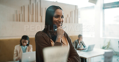Buy stock photo Creative woman, smile and glass wall for thinking, planning and sticky note strategy in office. Business owner, entrepreneur and mood board for agenda, project management or proposal confidence