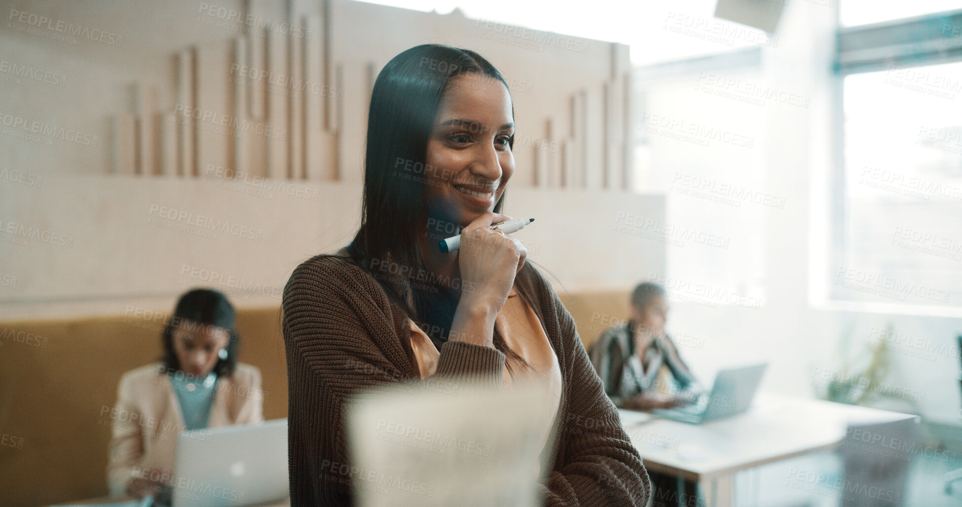 Buy stock photo Creative woman, smile and glass wall for thinking, planning and sticky note strategy in office. Business owner, entrepreneur and mood board for agenda, project management or proposal confidence