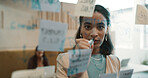Portrait, business woman and glass for planning, ideas or schedule for project management in office. Brainstorming, mind map and employee by board for calendar, agenda and research notes at workplace