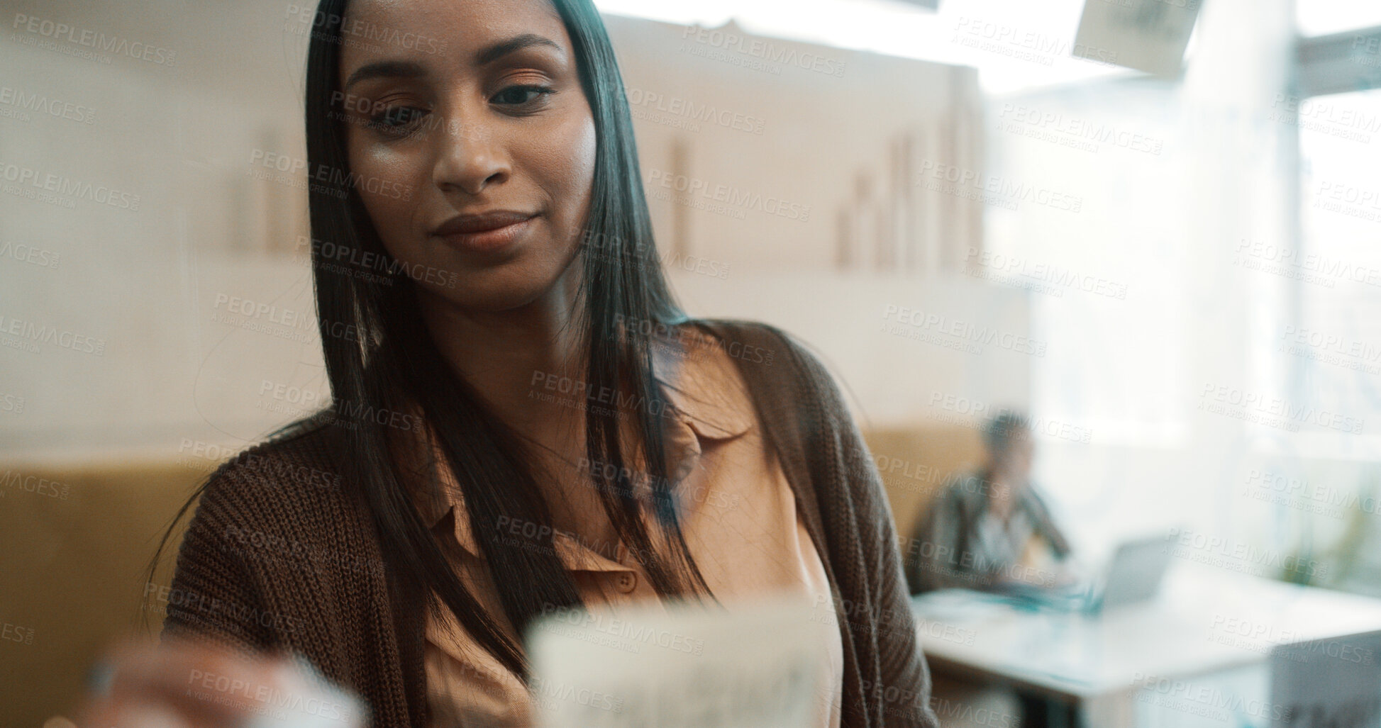 Buy stock photo Business woman, writing and glass wall for brainstorming, planning and sticky note strategy in office. Creative owner, entrepreneur and mood board for goals, project management or proposal report