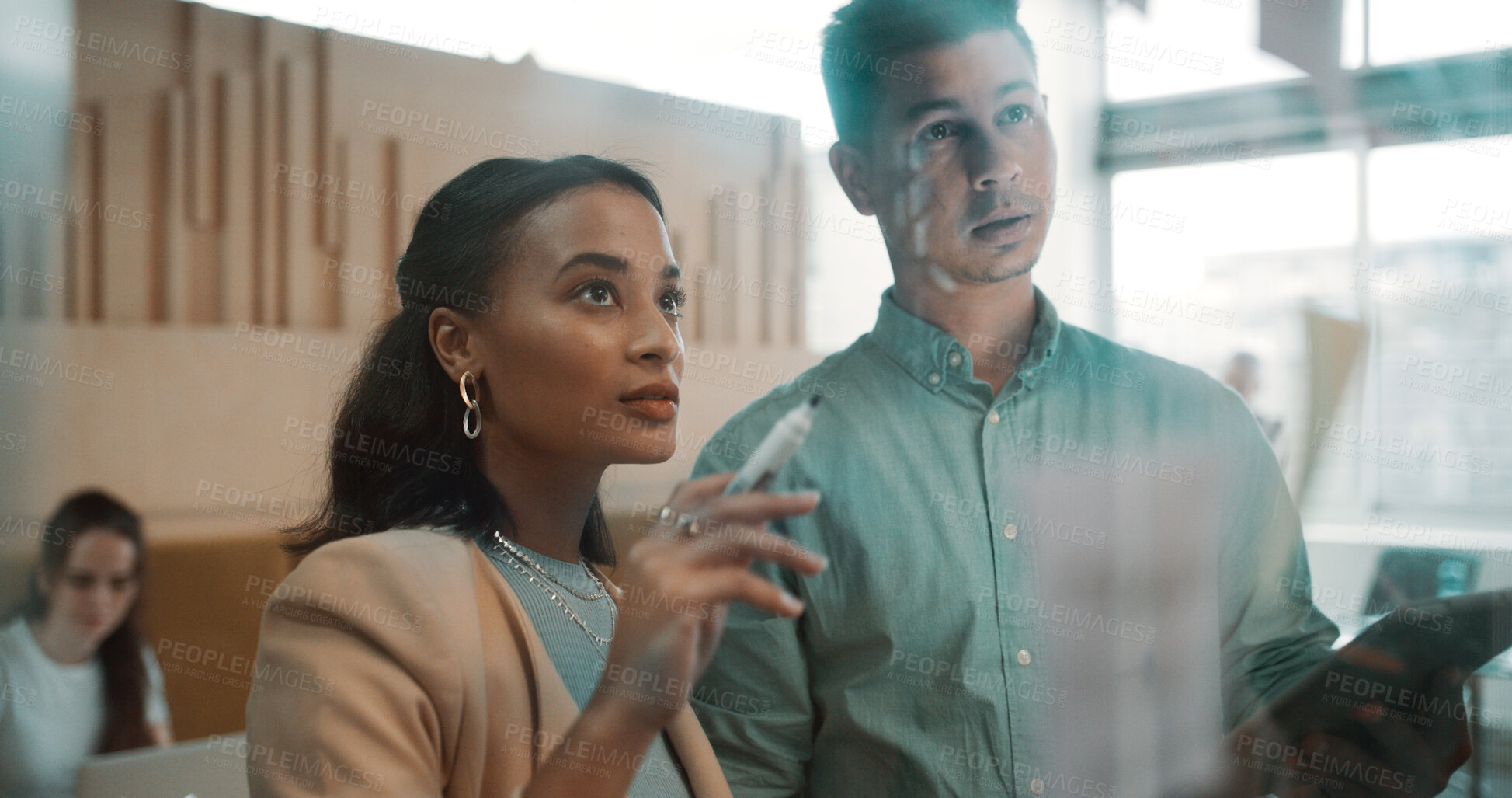 Buy stock photo Business, people and brainstorming by glass with tablet for research, sticky note and team discussion. Info, schedule or agenda with employees planning, collaboration and tech for project management