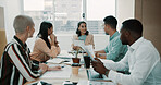 Meeting, paperwork and business people in office for planning with creative project in collaboration. Discussion, documents and team of editors with article for publishing in workplace boardroom.
