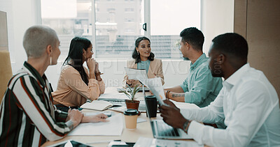 Buy stock photo Meeting, paperwork and business people in office for planning with creative project in collaboration. Discussion, documents and team of editors with article for publishing in workplace boardroom.