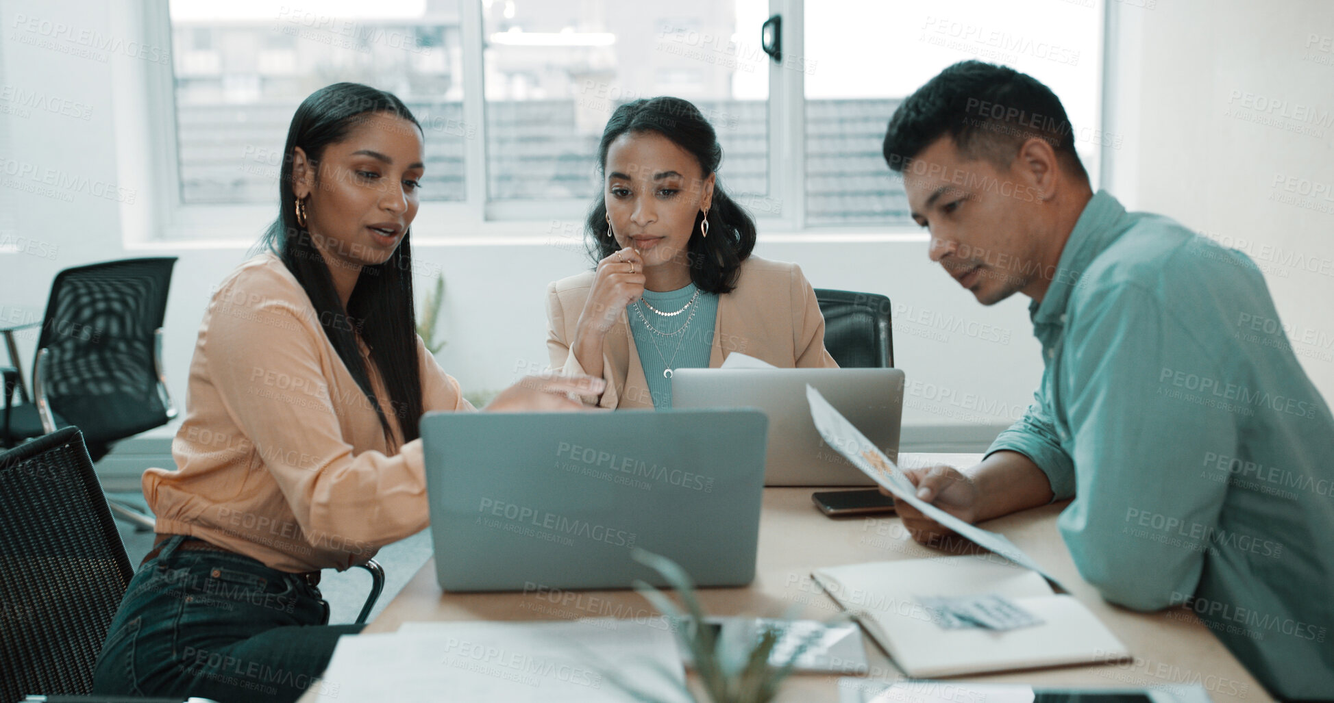 Buy stock photo Business people, brainstorming and documents with laptop in office for strategy or collaboration. Group, employees or team working with paperwork on computer for company project or ideas in workplace