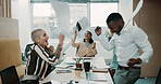 Excited, business people or celebration with documents in air for deadline completion or success. Happy, team or group of employees with paperwork for done tasks, finished or achievement in workplace