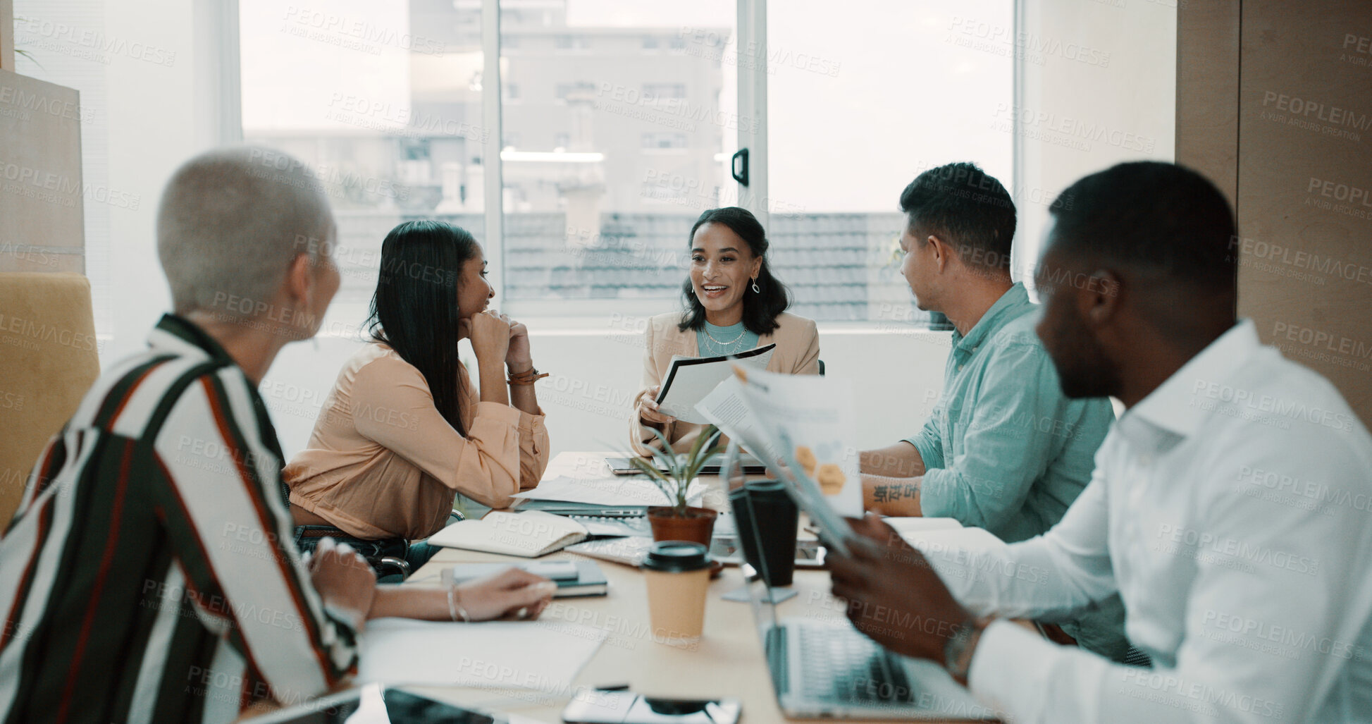 Buy stock photo Creative, team or meeting with documents in office for manuscript revision, writing advice or ideas. Publishing agency, people or editor with feedback for story planning, editorial guidance or topics