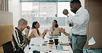 Happy, business people or applause with documents for completion, done or finished tasks in office. Excited, group or employees clapping in celebration with paperwork for project success in workplace