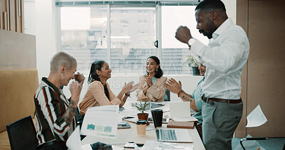 Buy stock photo Happy, business people or applause with documents for completion, done or finished tasks in office. Excited, group or employees clapping in celebration with paperwork for project success in workplace