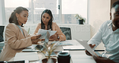 Buy stock photo Woman, team and review documents at meeting in office for insight, discussion and planning at company. People, editor and paperwork for feedback, admin or talk with advice for project at media agency