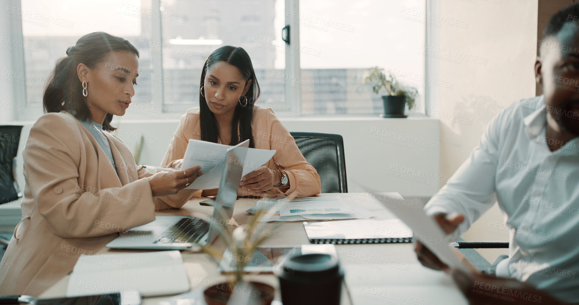 Buy stock photo Woman, team and review documents at meeting in office for insight, discussion and planning at company. People, editor and paperwork for feedback, admin or talk with advice for project at media agency